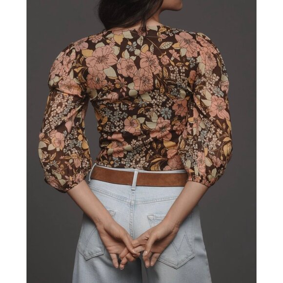 MOTHER The Cinch Top XS Brown Floral Puff Sleeve Ruched Front Lightweight Blouse - Picture 2 of 10